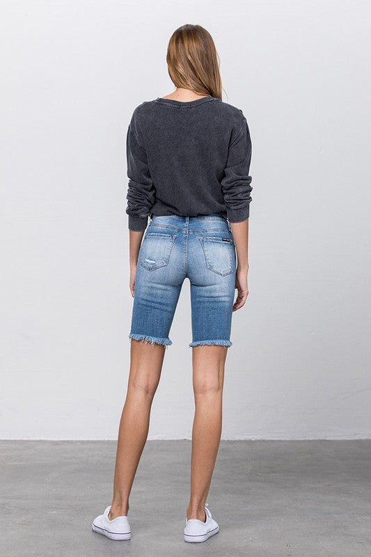 Kinsley Frayed Raw Hem Ripped Bermuda Shorts