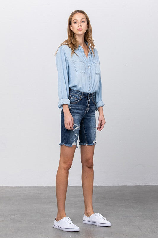 Kinsley Frayed Raw Hem Ripped Bermuda Shorts