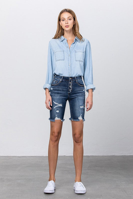 Kinsley Frayed Raw Hem Ripped Bermuda Shorts