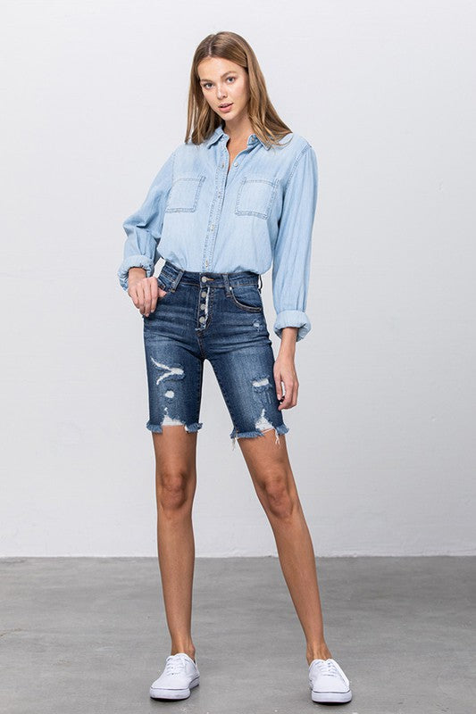 Kinsley Frayed Raw Hem Ripped Bermuda Shorts