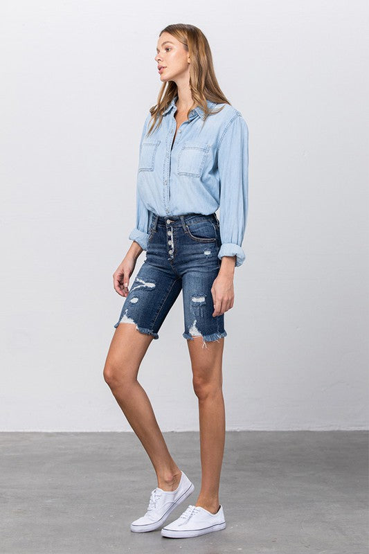 Kinsley Frayed Raw Hem Ripped Bermuda Shorts