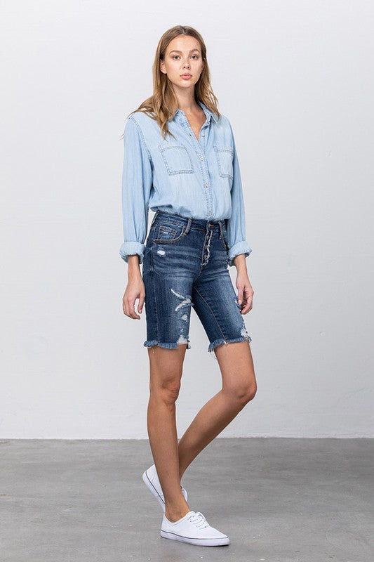 Kinsley Frayed Raw Hem Ripped Bermuda Shorts