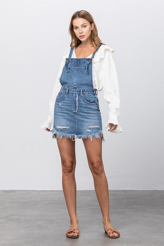 Lena Frayed Denim Overalls Dress