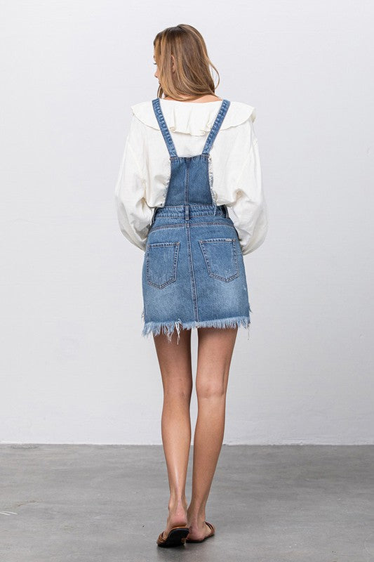 Lena Frayed Denim Overalls Dress