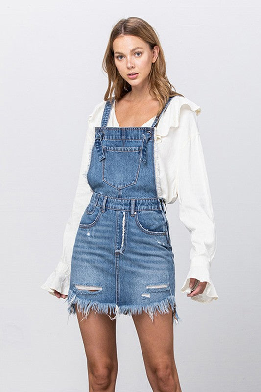 Lena Frayed Denim Overalls Dress