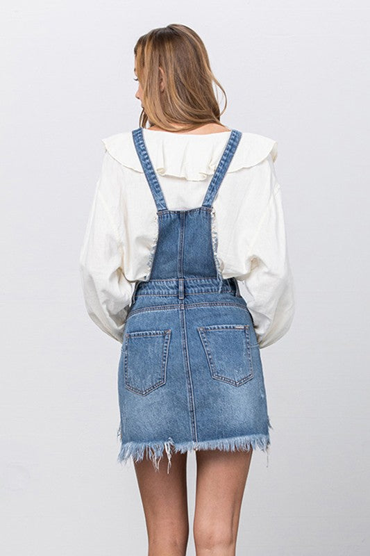 Lena Frayed Denim Overalls Dress