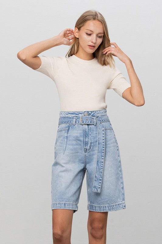 Mia Self Belted Bermuda Denim Shorts