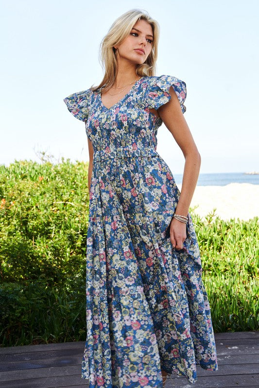 Summer Garden Floral Flutter Smocking Midi Dress