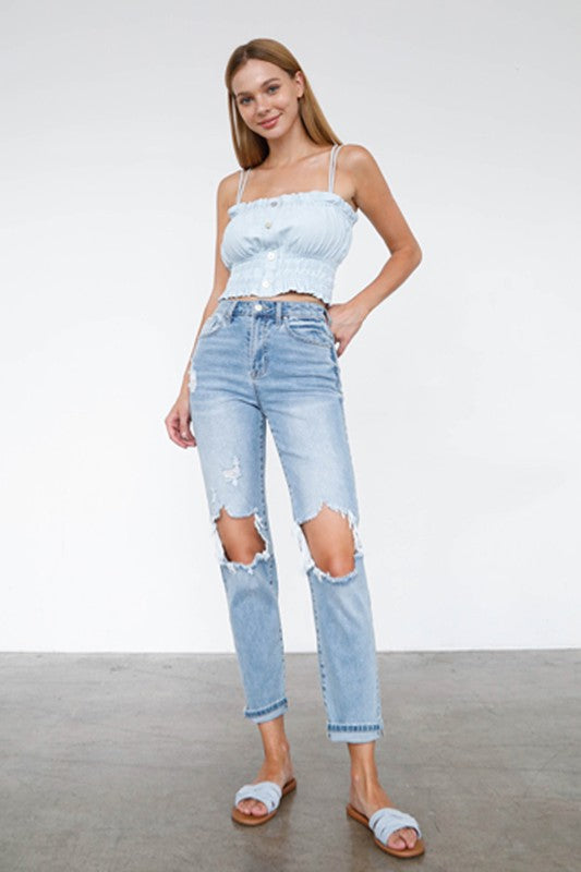 Logan High Waist Destroyed Hem Boyfriend Jeans