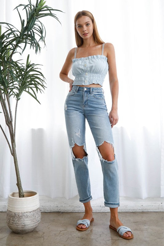 Logan High Waist Destroyed Hem Boyfriend Jeans