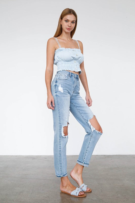 Logan High Waist Destroyed Hem Boyfriend Jeans