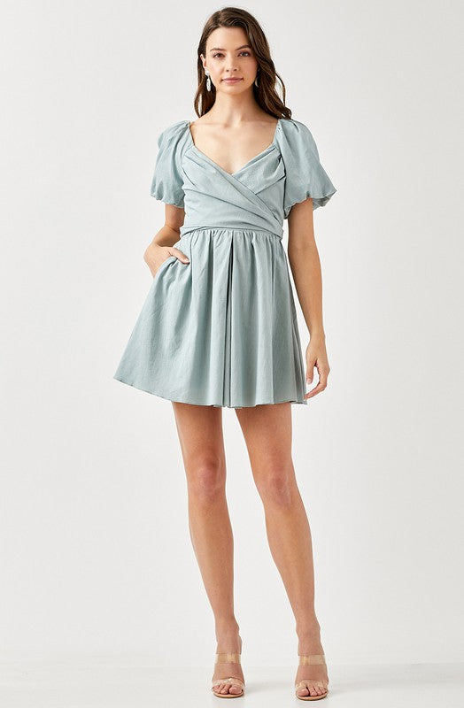 Wrap Me Up Cross Front Puff Sleeve Dress