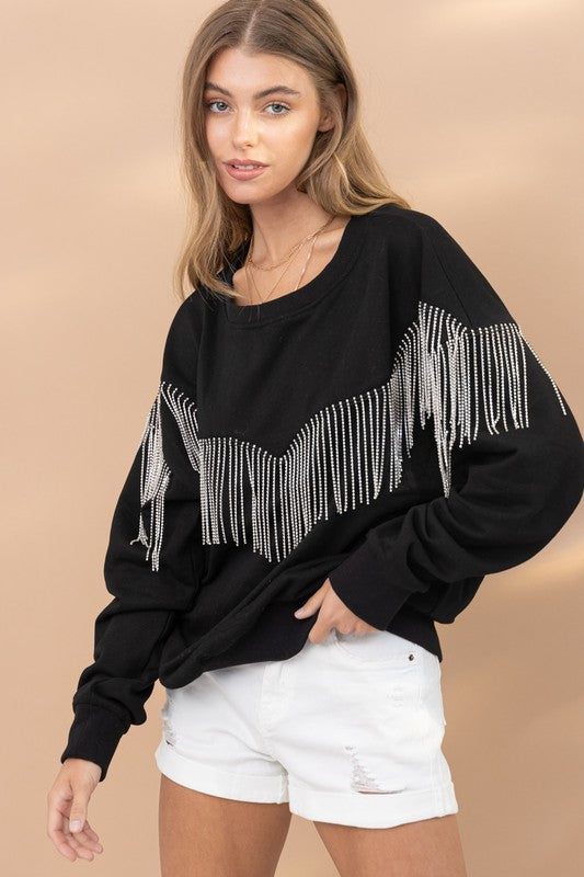 Rhinestone Fringe Pullover Top