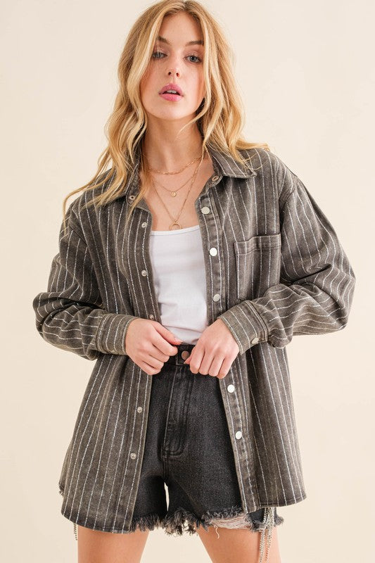 Pinstripes and Rhinestones Denim Shacket