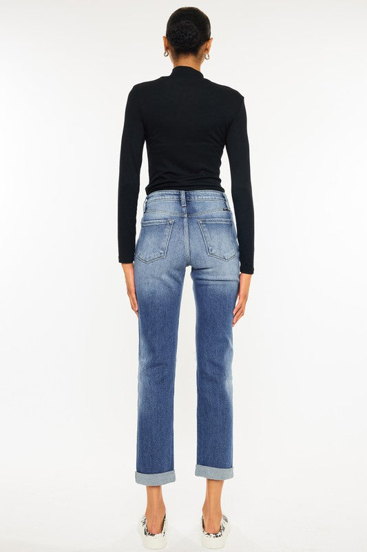 High Rise Hem Detail Slim Straight Jeans