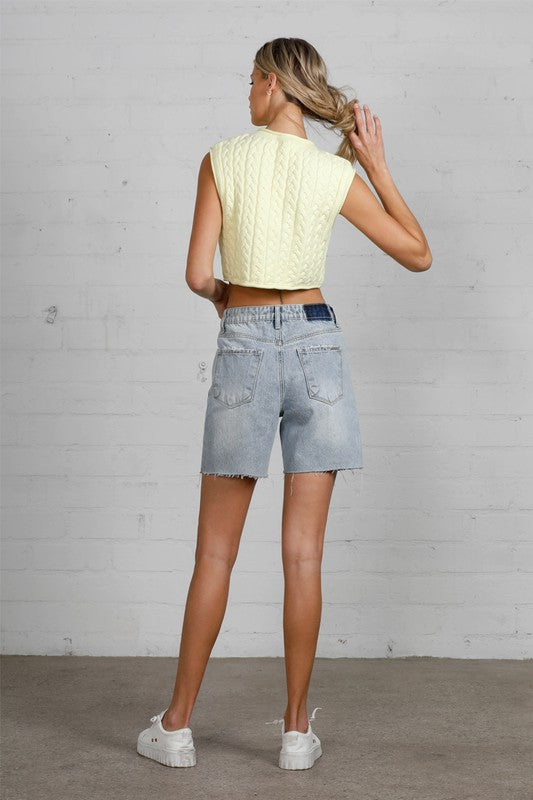 Eli Button Down Raw Hem Denim Shorts