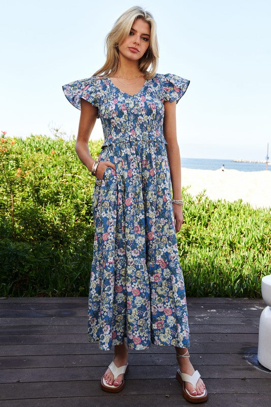 Summer Garden Floral Flutter Smocking Midi Dress