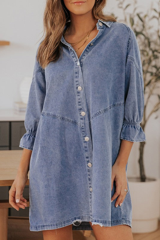 Kalli Sky Blue Buttoned Long Sleeve Denim Mini Dress