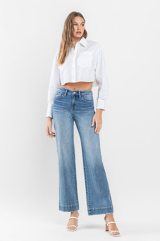 Flying Monkey High Rise Wide Leg Jeans with Trouser Hem Detail