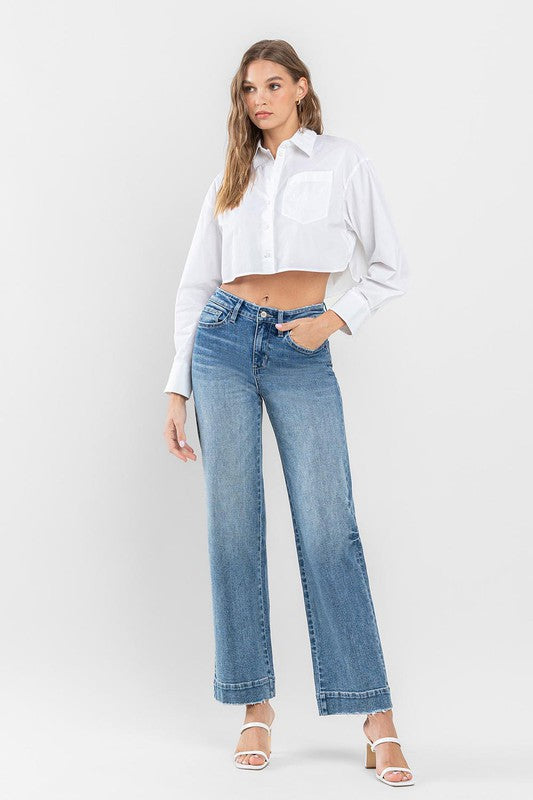 Flying Monkey High Rise Wide Leg Jeans with Trouser Hem Detail