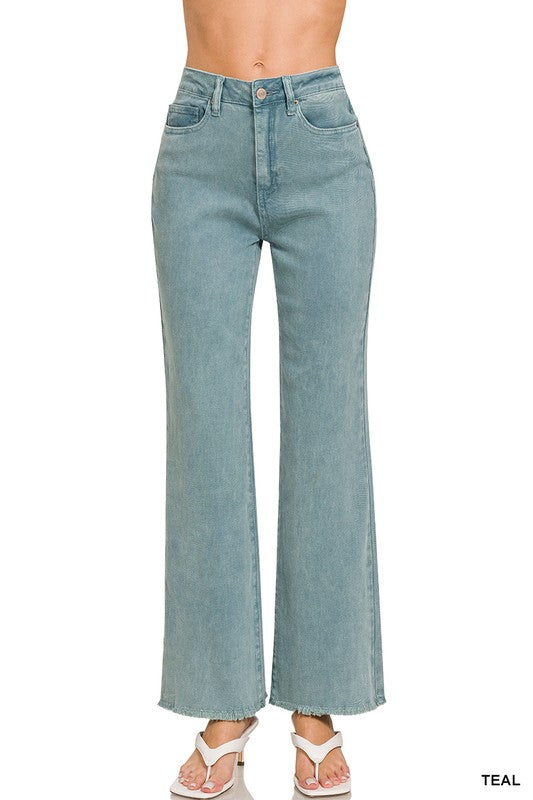 Shea Acid Washed Frayed Cutoff Hem Straight Wide Pants