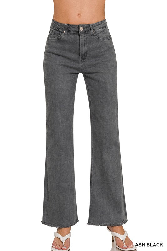 Shea Acid Washed Frayed Cutoff Hem Straight Wide Pants