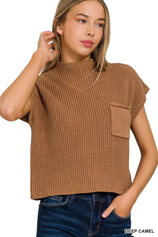 Fray Mock Neck Short Sleeve Cropped Sweater