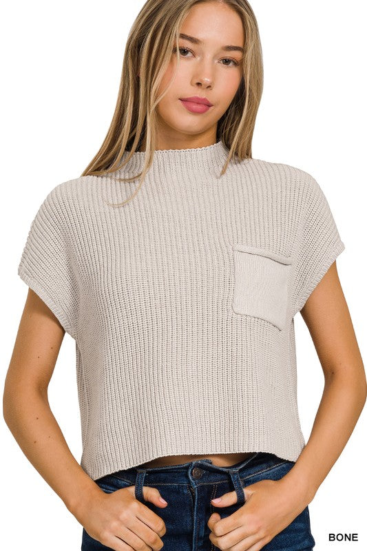 Fray Mock Neck Short Sleeve Cropped Sweater