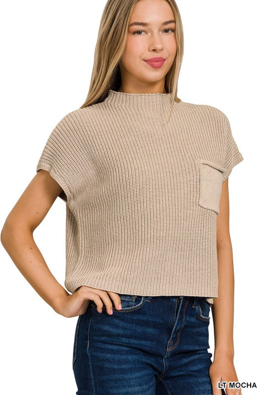 Fray Mock Neck Short Sleeve Cropped Sweater