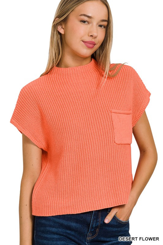 Fray Mock Neck Short Sleeve Cropped Sweater