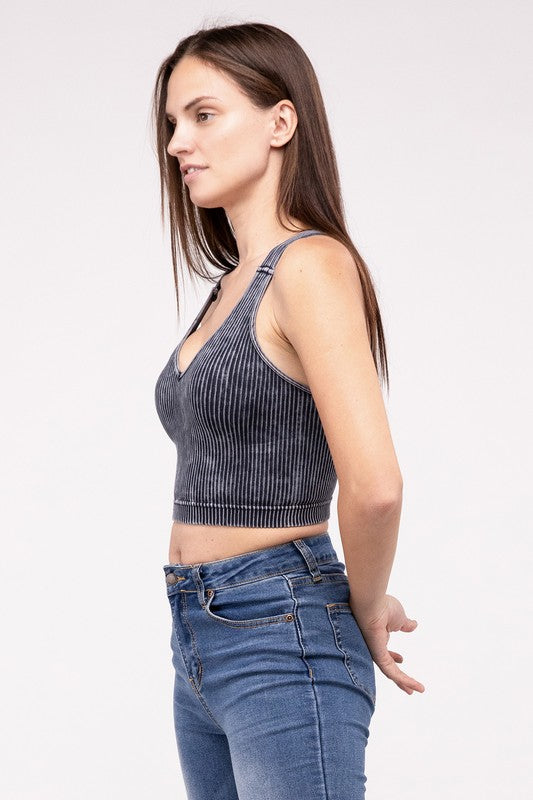 Lora Washed Ribbed Cropped V-Neck Tank Top