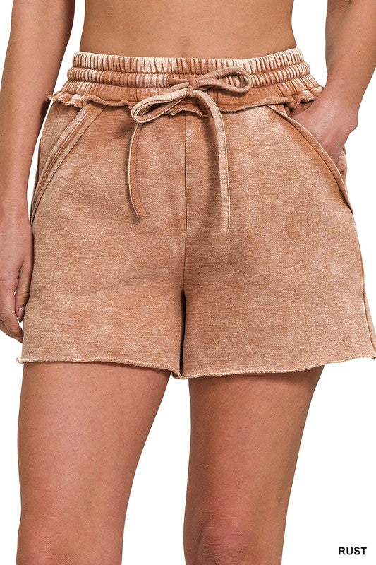 Andrea Acid Wash Fleece Drawstring Shorts with Pockets