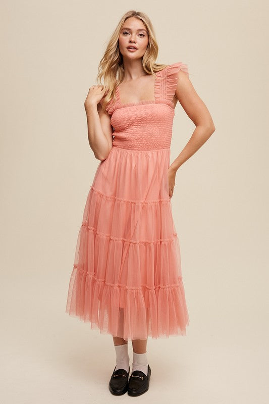 Jolene Smocked Ruffle Tiered Mesh Midi Maxi Dress