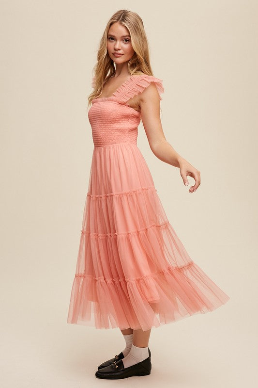 Jolene Smocked Ruffle Tiered Mesh Midi Maxi Dress