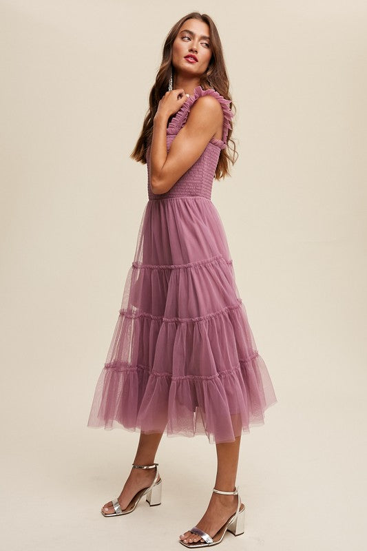 Jolene Smocked Ruffle Tiered Mesh Midi Maxi Dress