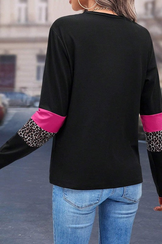 Leopard Colorblock Patchwork Crew Neck Top