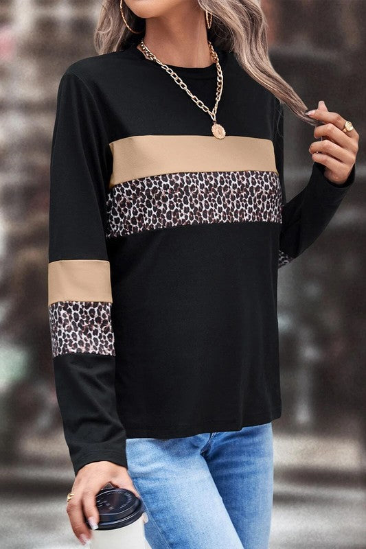 Leopard Colorblock Patchwork Crew Neck Top