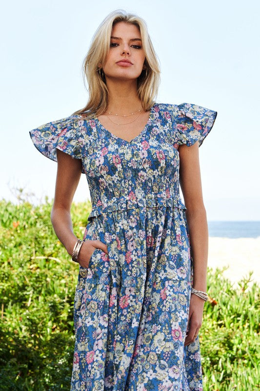 Summer Garden Floral Flutter Smocking Midi Dress