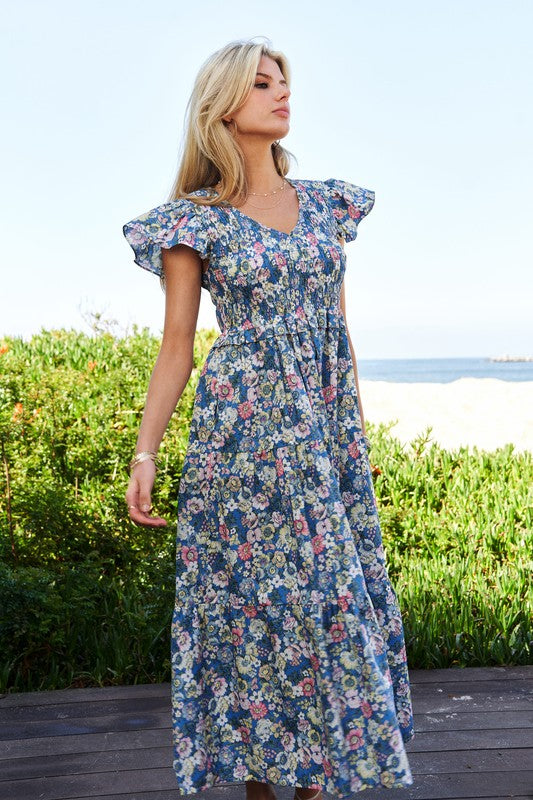 Summer Garden Floral Flutter Smocking Midi Dress