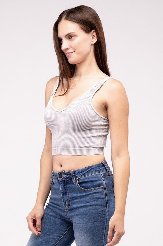 Lora Washed Ribbed Cropped V-Neck Tank Top