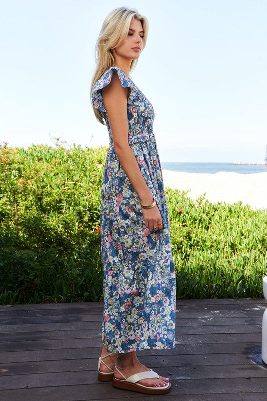 Summer Garden Floral Flutter Smocking Midi Dress