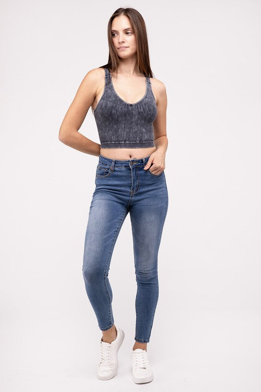 Lora Washed Ribbed Cropped V-Neck Tank Top