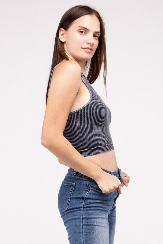 Lora Washed Ribbed Cropped V-Neck Tank Top