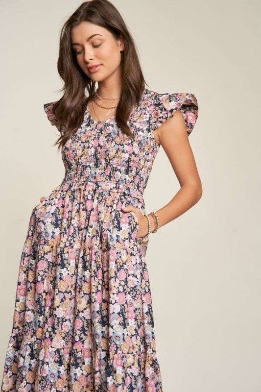 Summer Garden Floral Flutter Smocking Midi Dress