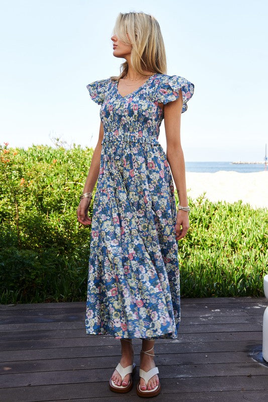 Summer Garden Floral Flutter Smocking Midi Dress