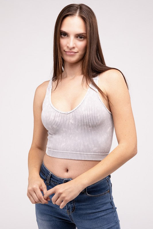 Lora Washed Ribbed Cropped V-Neck Tank Top