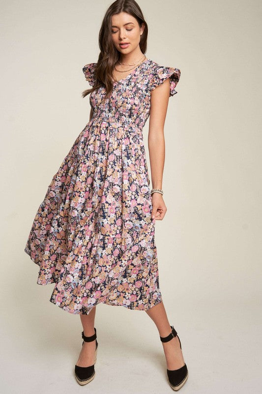 Summer Garden Floral Flutter Smocking Midi Dress