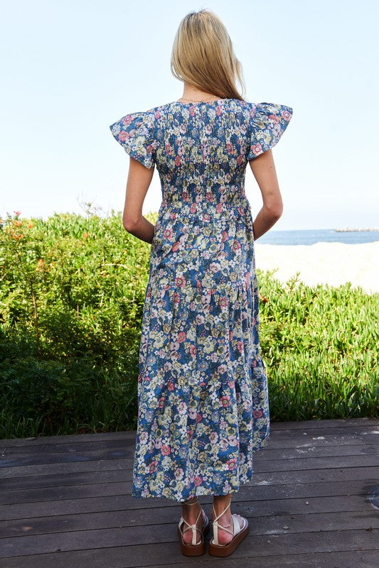 Summer Garden Floral Flutter Smocking Midi Dress