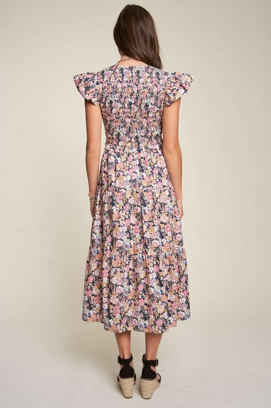 Summer Garden Floral Flutter Smocking Midi Dress