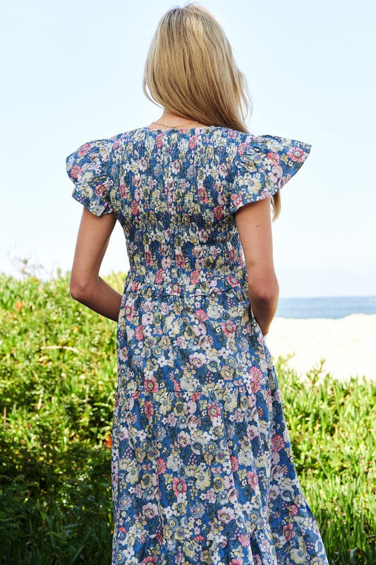 Summer Garden Floral Flutter Smocking Midi Dress